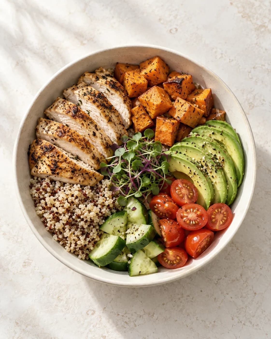 Bol équilibré avec poulet, patate douce, avocat et quinoa